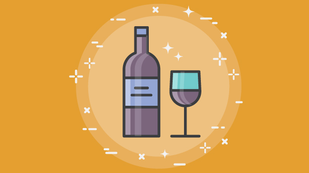 Wine bottle and glass illustration with yellow background