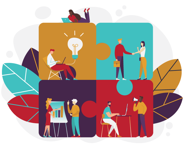 Illustration of people working within puzzle pieces with transparent background