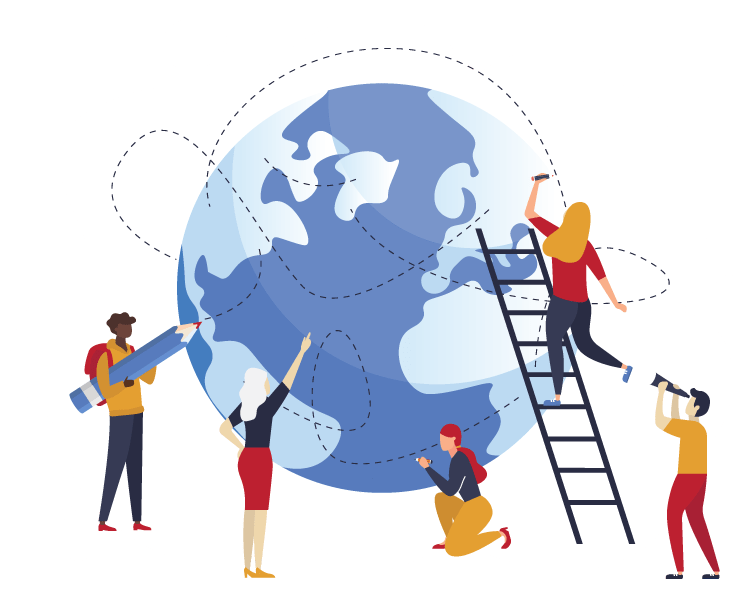 people drawing connections around a globe