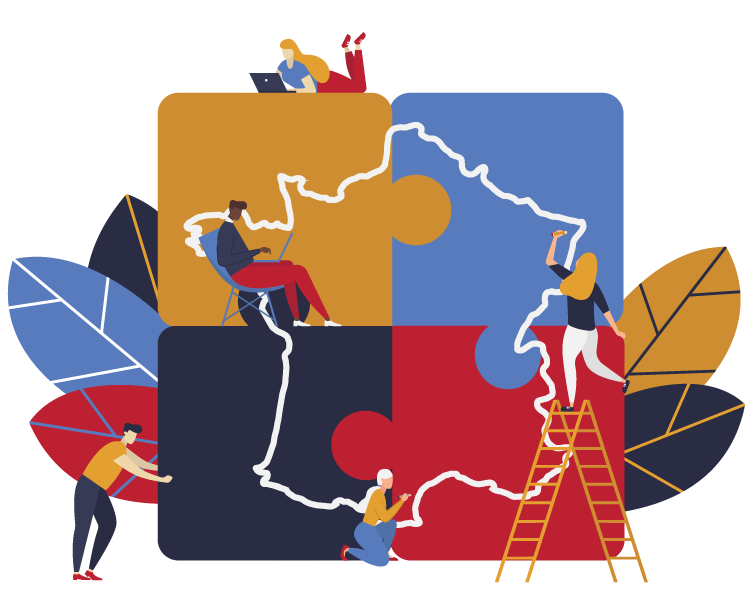 illustration of people putting together the puzzle pieces to make France map