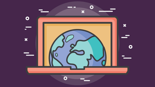 Laptop and earth illustration with purple background