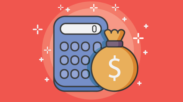Money bag and calculator illustration with orange background