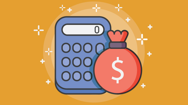 Money bag and calculator illustration with yellow background