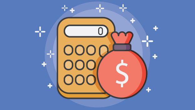 Money bag and calculator illustration with red background