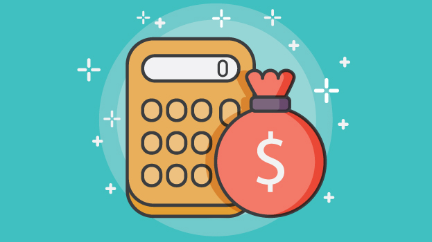 Money bag and calculator illustration with light blue background