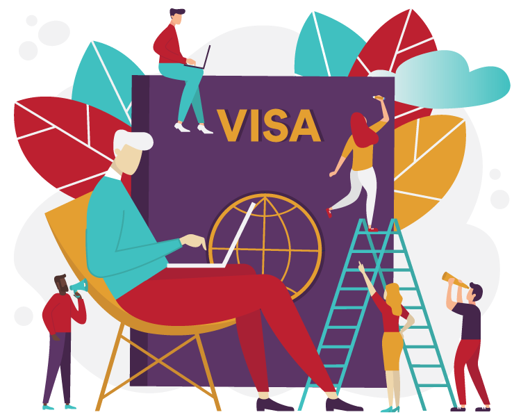 illustration of people looking for information in front a of a visa banner with transparent background