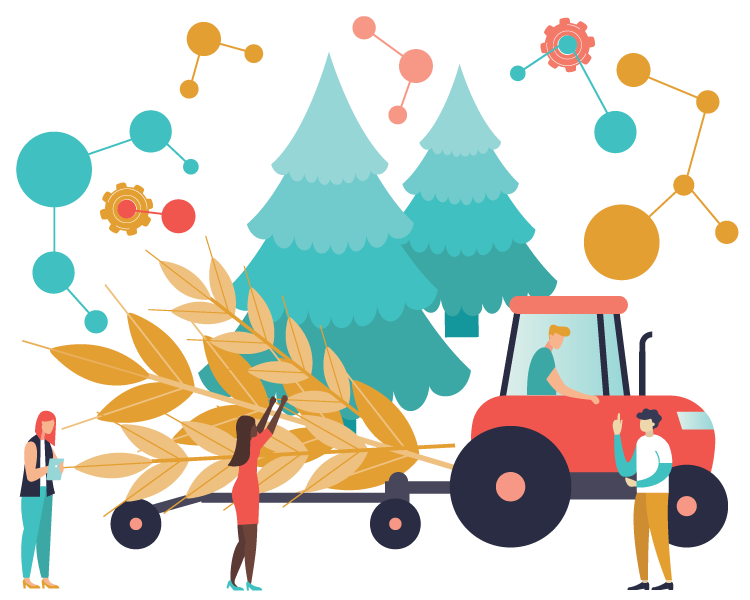 Illustration of 3 people putting wheat on a tractor with transparent background.