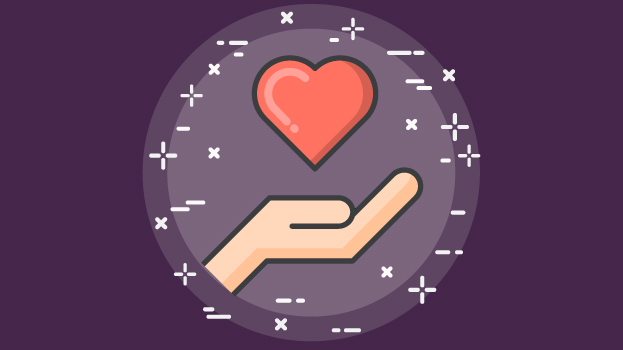 Heart on hand illustration with purple background
