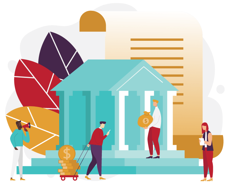 illustration of people around a bank structure with transparent background